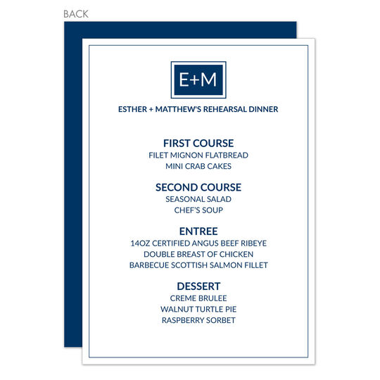 Navy Square Initials Menu Cards